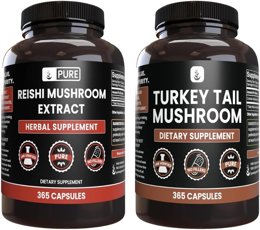 PURE ORIGINAL INGREDIENTS Reishi Mushroom & Turkey Tail Mushroom Capsule Bundle (365 Capsules), Always Pure, No Additives or Fillers