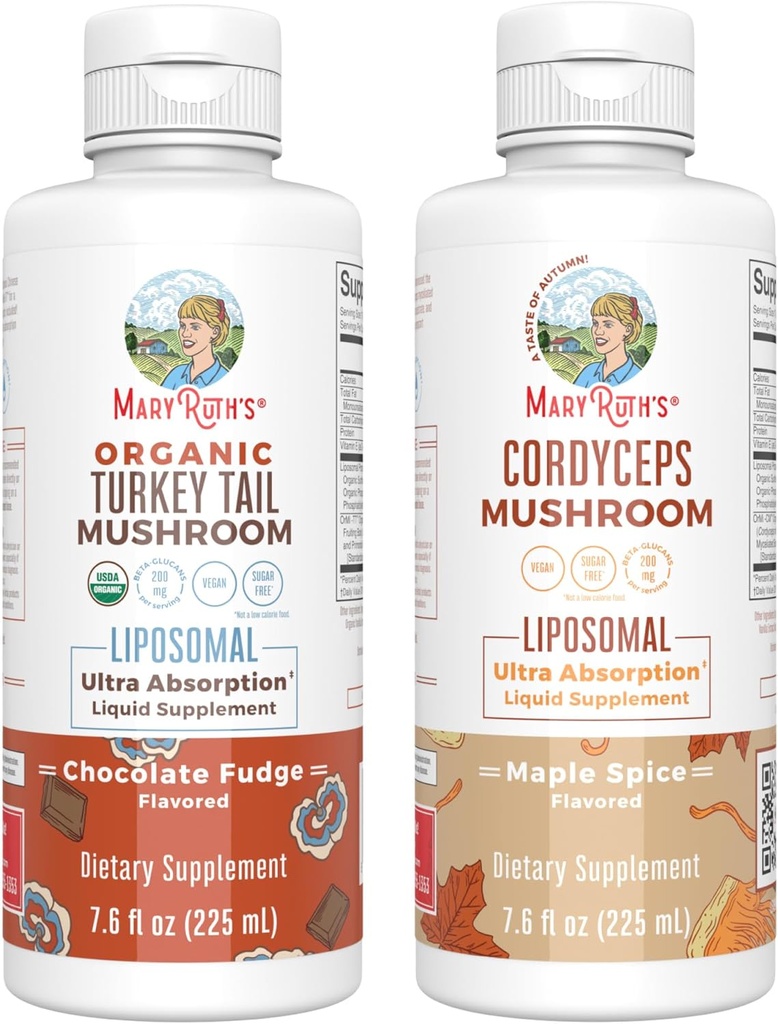 MaryRuth Organics Mushroom Liposomales: Turkey Tail (Chocolate Fudge) & Cordyceps (Maple Spice)