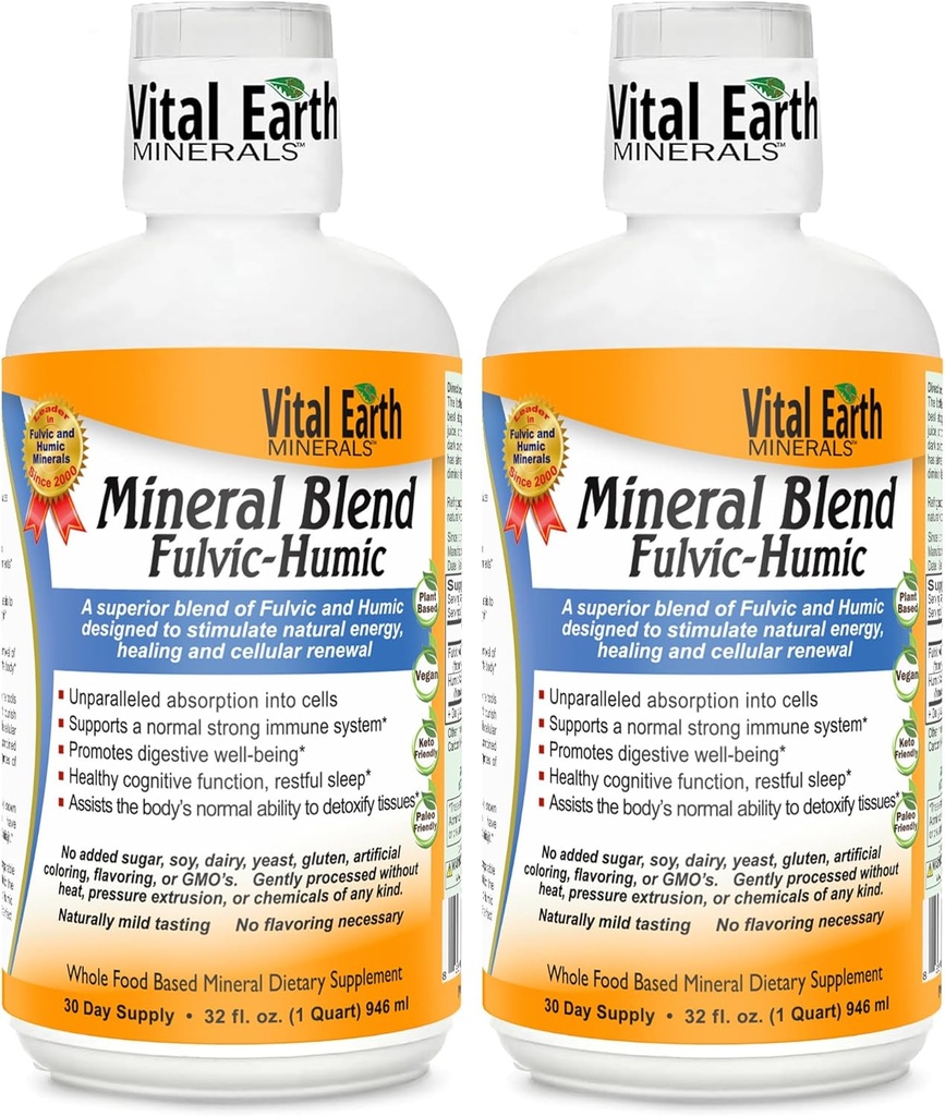 Minéraux de la Terre Vital Fulvic Humic Mineral Mix Liquid 2-Pack – Supplément Acid Fulvic avec 70+ Trace Minerals, Electrolytes pour la récupération, équilibre et énergie, 32 Oz Ea + 1 Oz Cup Ea
