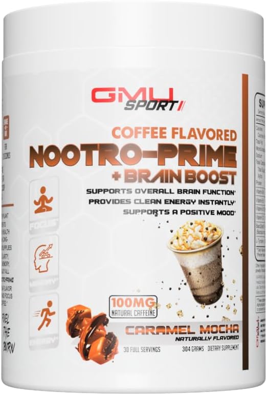GMU SPORT Nootro-Prime Cerveau Boost - Supplément Cerveau Focus - Supplément Champignon Poudre avec Alpha GPC, Supplément Cerveau Nootropique pour Mémoire et Focus avec Lions Mane, 30 Servants, Caramel Mocha