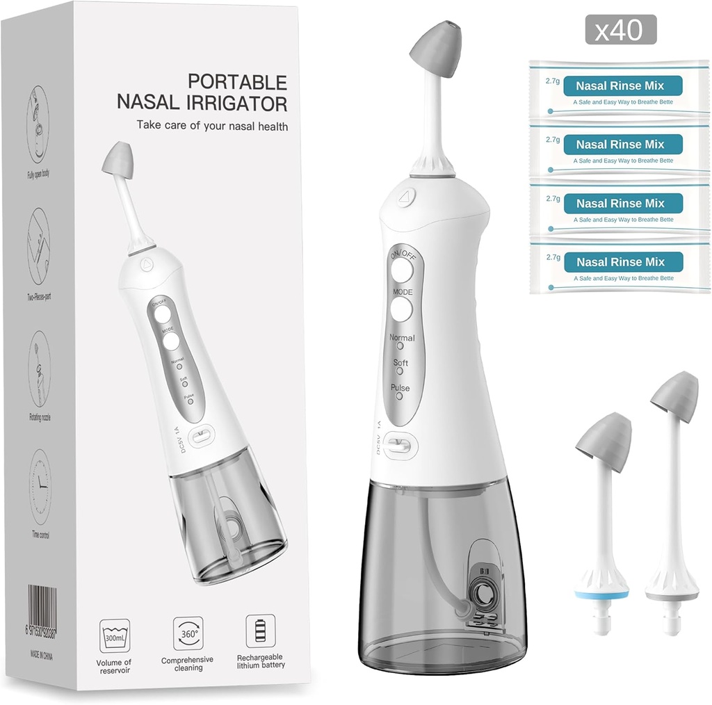 smile chancein Système d'irrigation nasale, machine à rincer nasal pour le soulagement du sinus, 3 pressions Sinus Rinse IPX7 Étanche Automatique Neti Pot avec 40 Saline Packets 300ML Grand réservoir pour le voyage et la maison