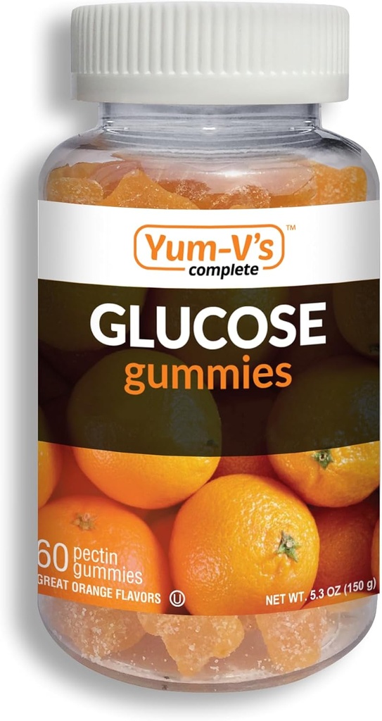 Gummes de glucose YUM-V – Gummes à croquer Glucose à action rapide – Grande dégustation – Sans gluten, végétalien, non OGM – Arôme naturel orange – 60 Gummes à croquer pour adultes et enfants