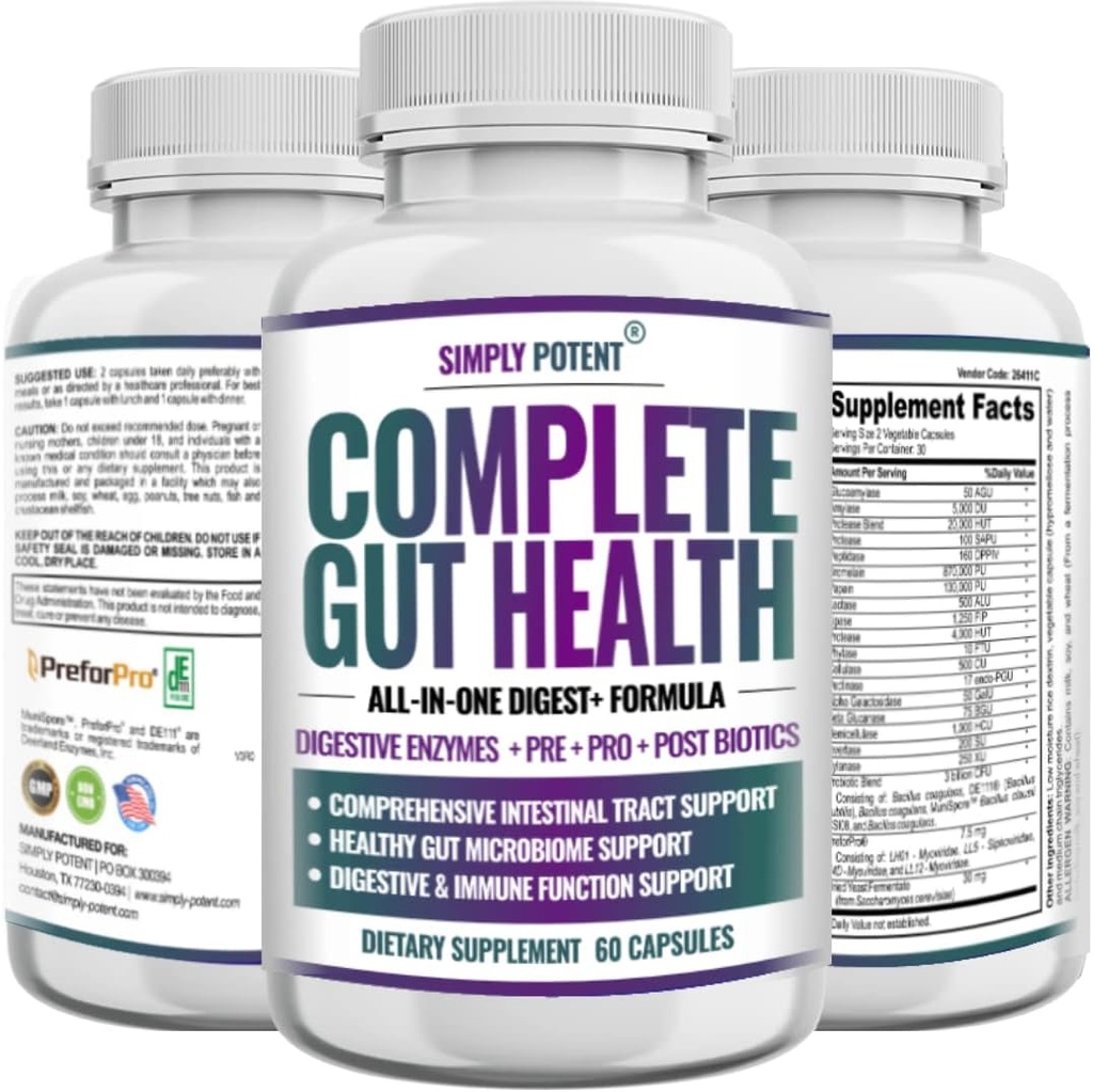 Complete Gut Health, Enzymes digestifs Plus Prebiotic, Probiotic & Post Biotic Gastro-intestinal Support, Support Gut Health & Immune Function, 60 Capsules