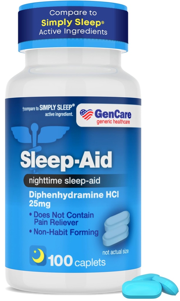 GenCare - Aide au sommeil Diphenhydramine HCL 25mg Casquettes bleues (100 Caplets) - Non Habit formant des pilules pour dormir la nuit pour les adultes à l'automne Asleep Faster & Dormir Deep Through The Night - Aide au sommeil