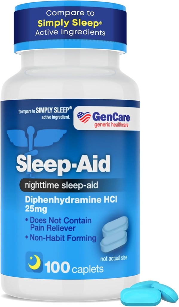 GenCare - Aide au sommeil Diphenhydramine HCL 25mg Casquettes bleues (100 Caplets) - Non Habit formant des pilules pour dormir la nuit pour les adultes à l'automne Asleep Faster & Dormir Deep Through The Night - Aide au sommeil