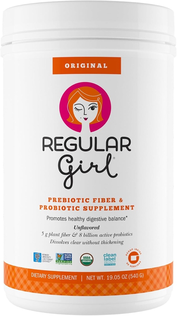 Fille en poudre biologique régulière, supplément de fibre prébiotique et probiotiques pour les femmes, faible FODMAP, 90 jours d'approvisionnement en vrac, non aromatisé, 90 portions