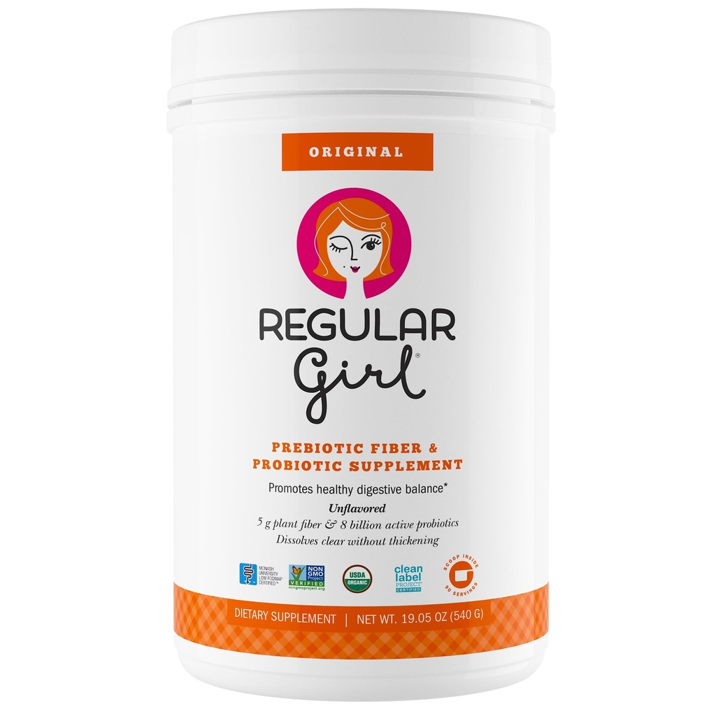 Regular Girl Organic Powder, Prebiotic Fiber Supplement and Probiotics for Women, Low FODMAP, 90 Day Bulk Supply, Unflavored, 90 Servings