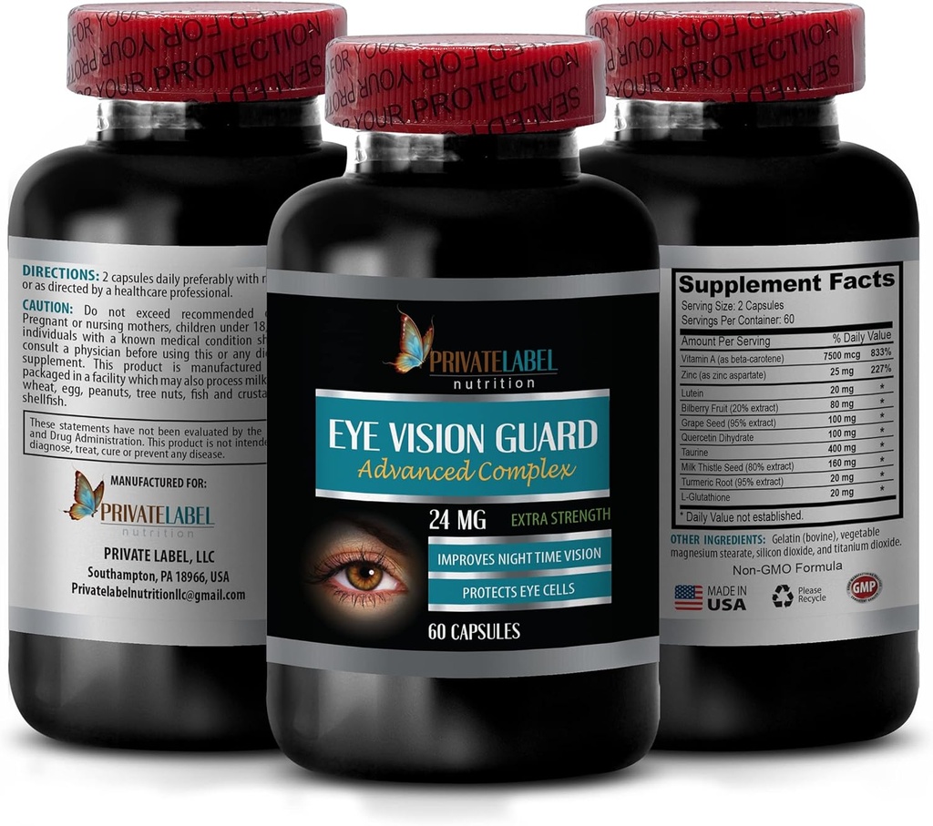 Vitamines de la vision avec lutéine - Eye Vision Guard 24 MG - Complexe avancé, Soutien de la vision des yeux, Suppléments de lutéine, Supplément de vitamine A, Extrait de curcuma, Extrait de baies, Taurine, 1 Bot 60 Capsules