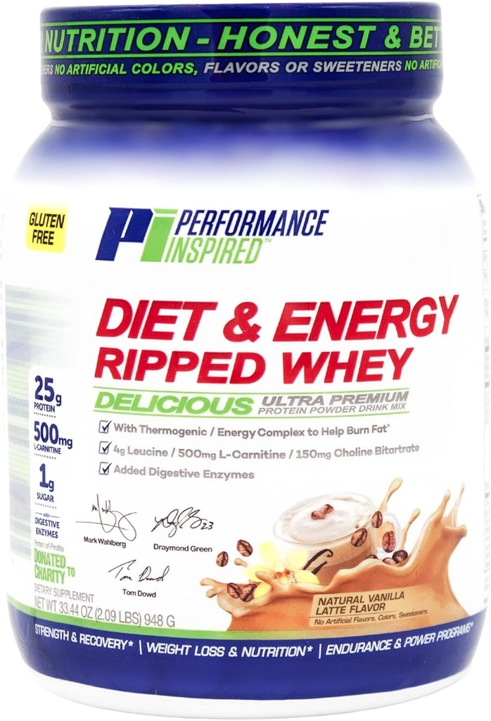 Performance Inspiré Diet & Energy Whey Protein – Protéines propres 25G – L-Carnitine & Leucine – Enzymes digestifs – Extrait de thé vert – Sans gluten – 1g de sucre – Vanilla Latte – 2,4 lb