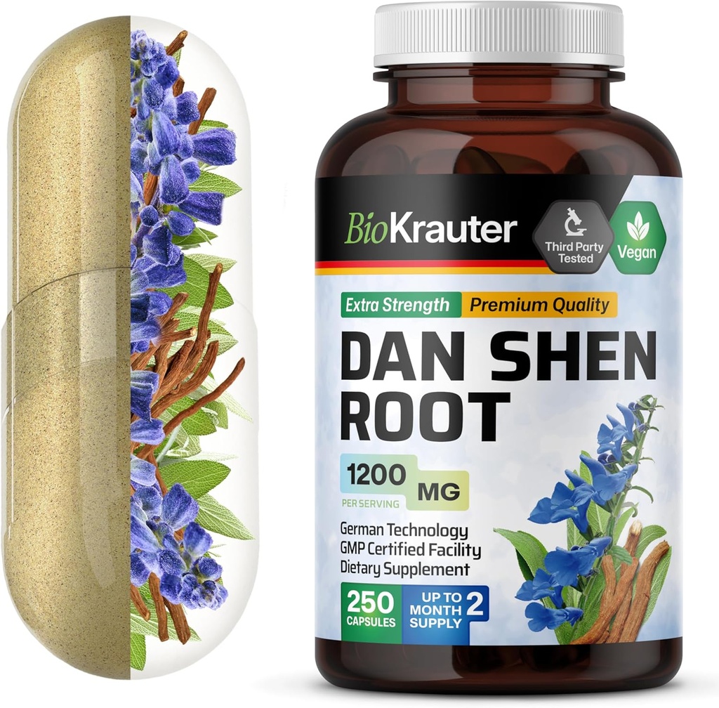 BIO KRAUTER Dan Shen Racine Capsules - 1200 mg Résistance - 250 bouchons rouges - Source antioxydante - Salvia Miltiorrhiza Racine - Vegan