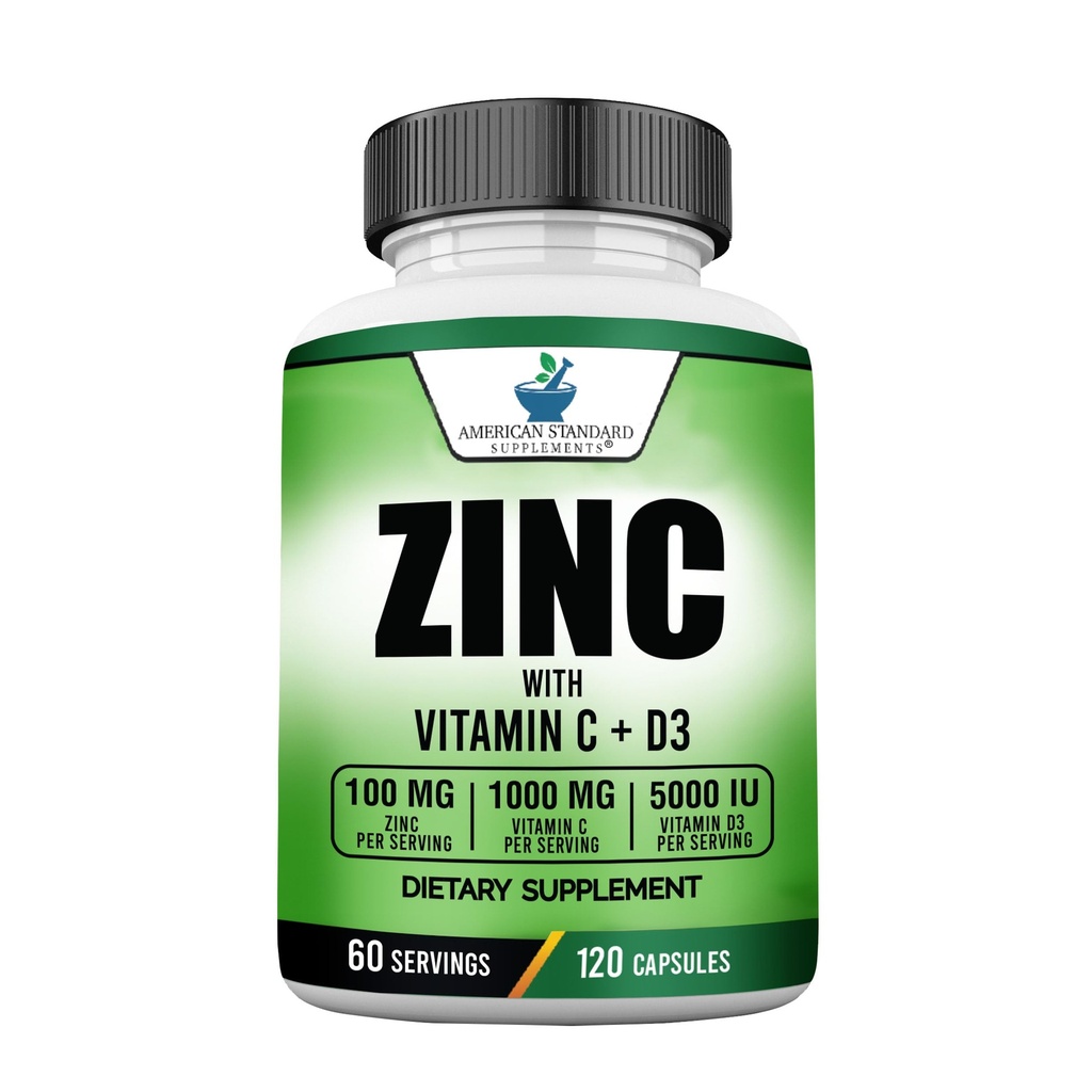 Suppléments standard américains Zinc 100mg, vitamine C 1000mg et vitamine D3 5000 UI (125mcg) par portion - sans gluten, sans OGM, 120 capsules, 60 portions