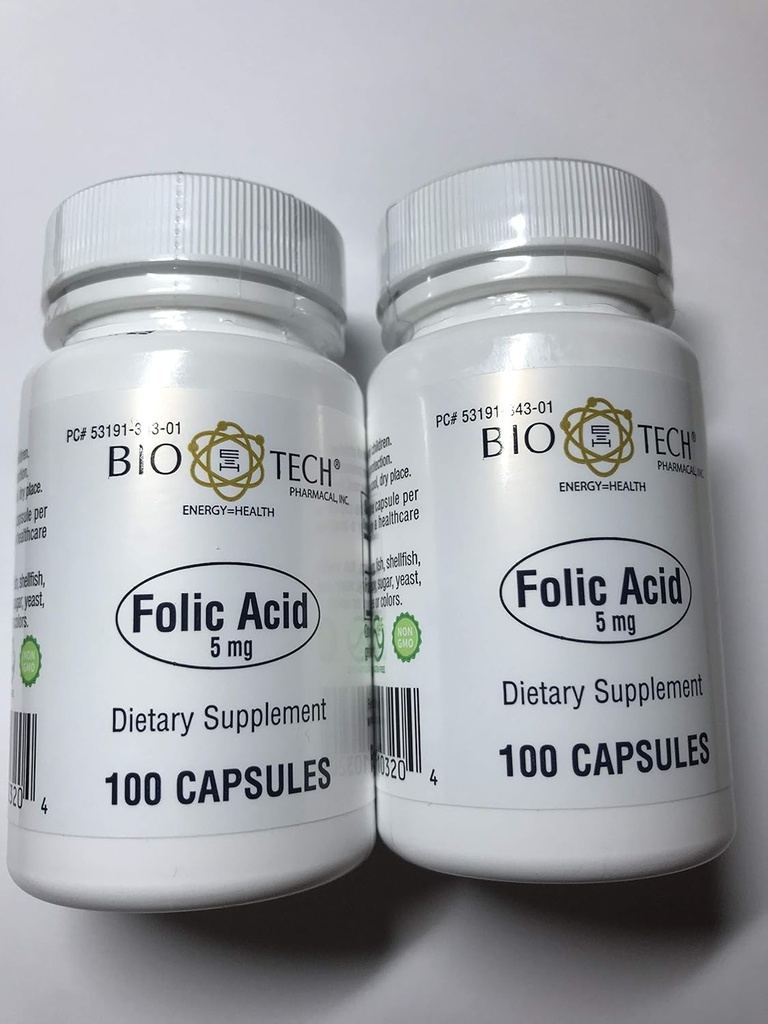 Acide folique 5mg - BioTech Pharmacal - 100 gélules - Boîte de 2