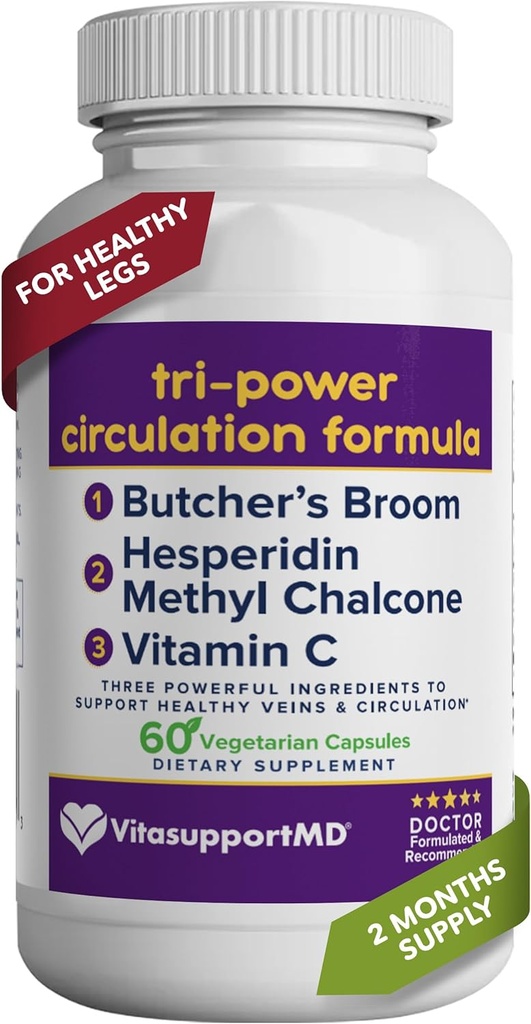 Formule de Circulation Tri-Power - Supplément de Circulation avec Broom de Boucher, Hespéridin Méthyl Chalcone, et Vitamine C, 60 Capsules, pour la Circulation du Sang et des Jambes, Vein Health Support