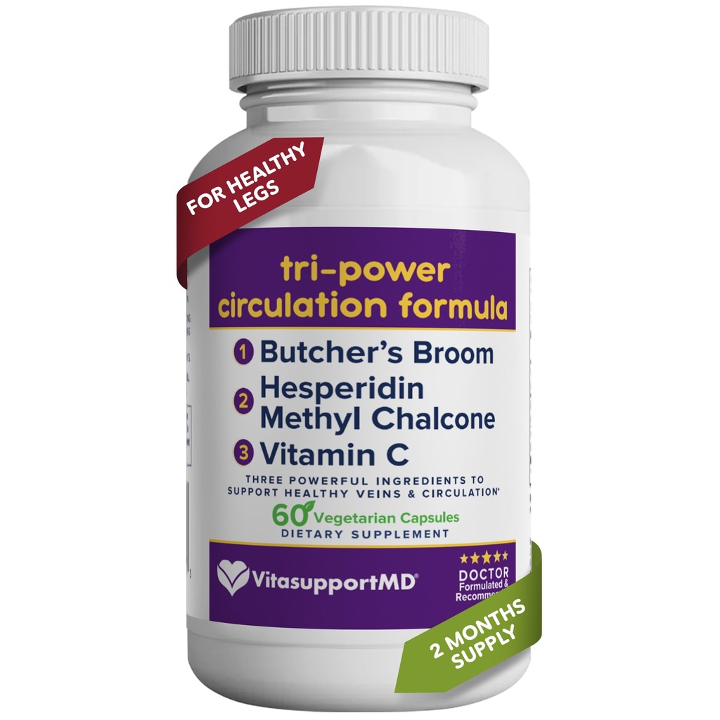 VITASUPPORTMD Tri-Power Circulation Formula - Circulation Supplement with Butcher's Broom, Hesperidin Methyl Chalcone, and Vitamin C, 60 Capsules, for Blood and Leg Circulation, Vein Health Support