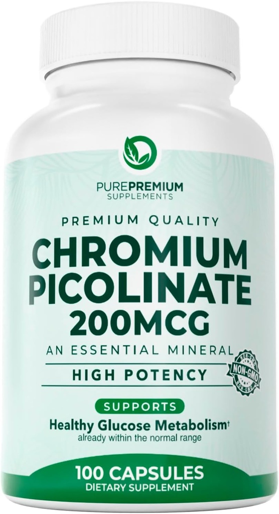 PurePremium Chromium Picolinate 200mcg - Suppléments de chrome de haute puissance - Soutien essentiel à la santé minérale pour les hommes/femmes - Sans gluten - 3 mois d'approvisionnement - 100 capsules
