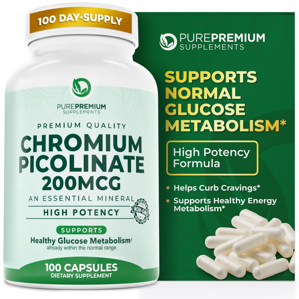 PurePremium Chromium Picolinate 200mcg - Suppléments de chrome de haute puissance - Soutien essentiel à la santé minérale pour les hommes/femmes - Sans gluten - 3 mois d'approvisionnement - 100 capsules