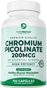 PurePremium Chromium Picolinate 200mcg - Suppléments de chrome de haute puissance - Soutien essentiel à la santé minérale pour les hommes/femmes - Sans gluten - 3 mois d'approvisionnement - 100 capsules
