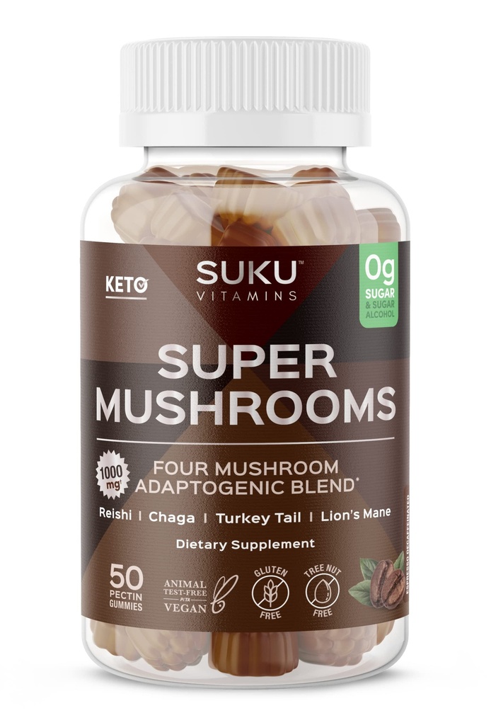 Vitamines SUKU - Super Champignon - Reishi Chaga, Turquie Tail & Lions Mane Blend Gummies for Immunity - Facile à mâcher - Non OGM, sans sucre gluten - Espresso Vitamines Gummy décaféinés, 50 Compte