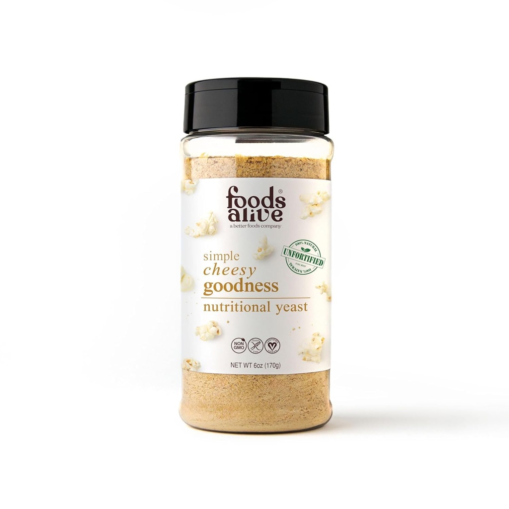Foods Alive Nutritional Yeast Flakes - (6oz Shaker) Protéines végétales non enrichies et sans gluten, grande poudre de fromage végétalien et assaisonnement de popcorn, aromatisant pour les aliments entiers et kéto!