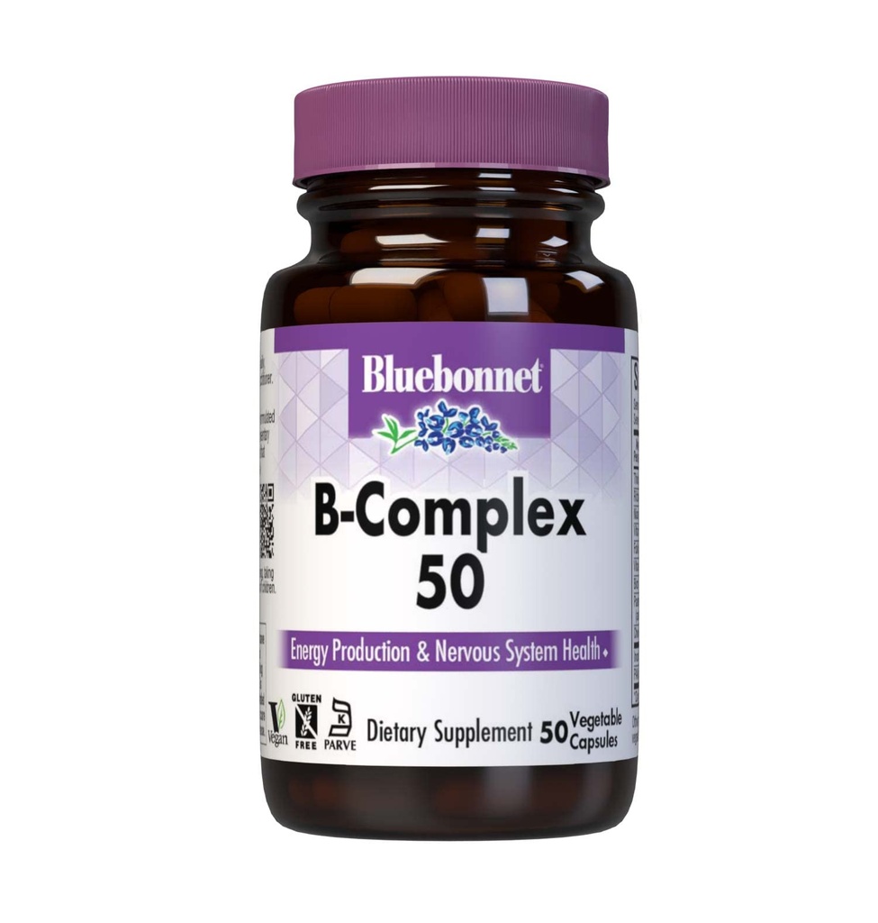 Bluebonnet Nutrition B complexe 50 capsules végétales, spectre complet complet, vitamine B6, B12, biotine, folate, végétalien, végétarien, sans gluten, sans soja, sans lait, casher, 50 capsules végétales