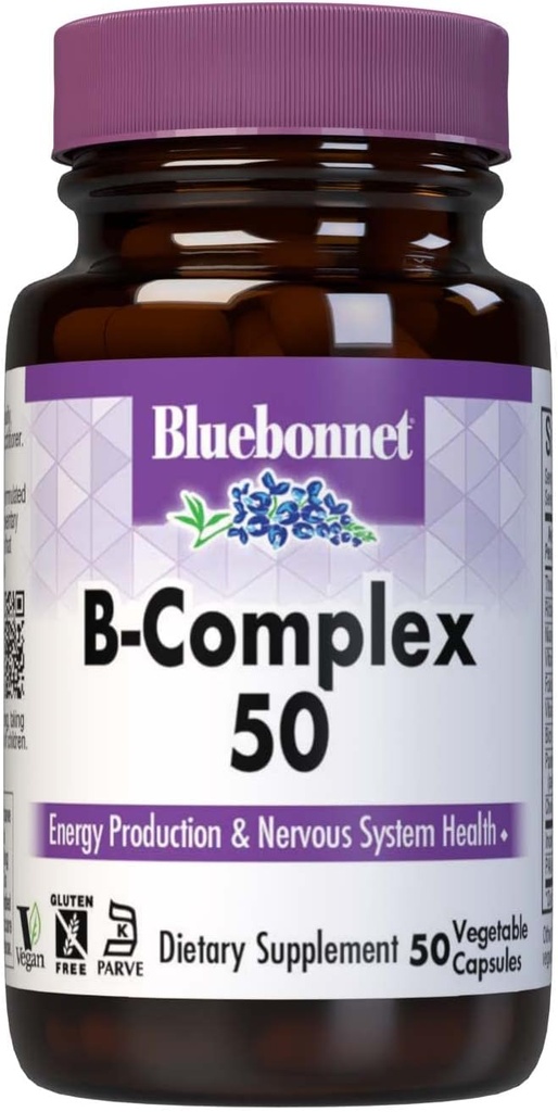 Bluebonnet Nutrition B complexe 50 capsules végétales, spectre complet complet, vitamine B6, B12, biotine, folate, végétalien, végétarien, sans gluten, sans soja, sans lait, casher, 50 capsules végétales