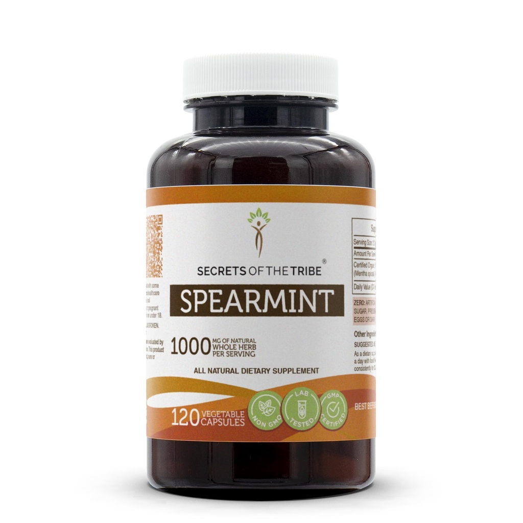 Secrets de la Tribe Spearmint Capsules 1000 mg Spearmint (Mentha spicata) Feuille séchée, Supplément de soutien aux hormones pour femmes (120 capsules)