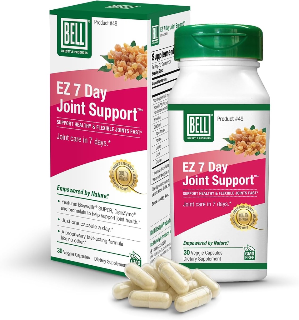 Bell EZ Soutien conjoint 7 jours TM - Supplément santé articulaire à action rapide, une fois par jour – aide à soulager la douleur au genou, l'gonflement et soutient la récupération musculaire – Vegan – 30 capsules