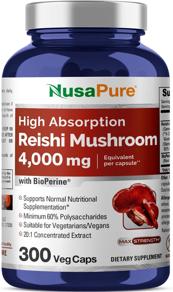 NusaPure Reishi Extrait de champignons 20:1 Extrait, 200 mg Équivalent à 4000mg par gélule 300 Veggie Caps Vegan, Non-OGM, Vegan
