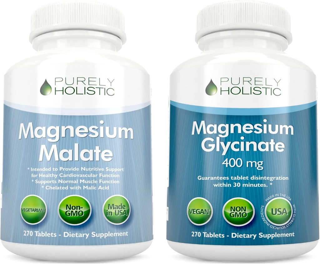 Magnesium Malate 400mg + Magnesium Glycinate 400mg - High Absorption & Highly Bioavailable Bundle - 270 + 270 Vegetarian Tablets