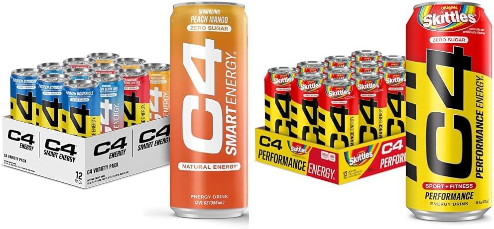 C4 Energy & Smart Energy Drinks Variety Pack, Sucre Free Pre Workout Performance Drink & C4 Energy Drink, Skittles, Sucre Carboné Free Pre Workout Performance Drink