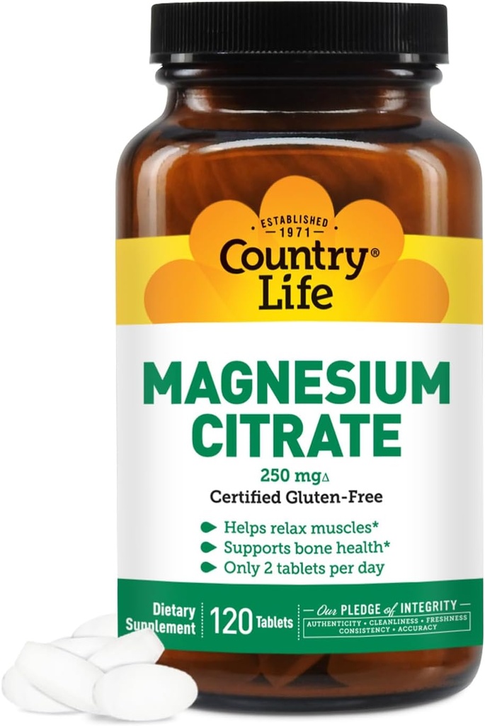 Country Life Magnésium Citrate 250mg - 120 comprimés - soutient la fonction musculaire et nerveuse, rythme cardiaque, système immunitaire sain, production d'énergie - supplément complexe de magnésium