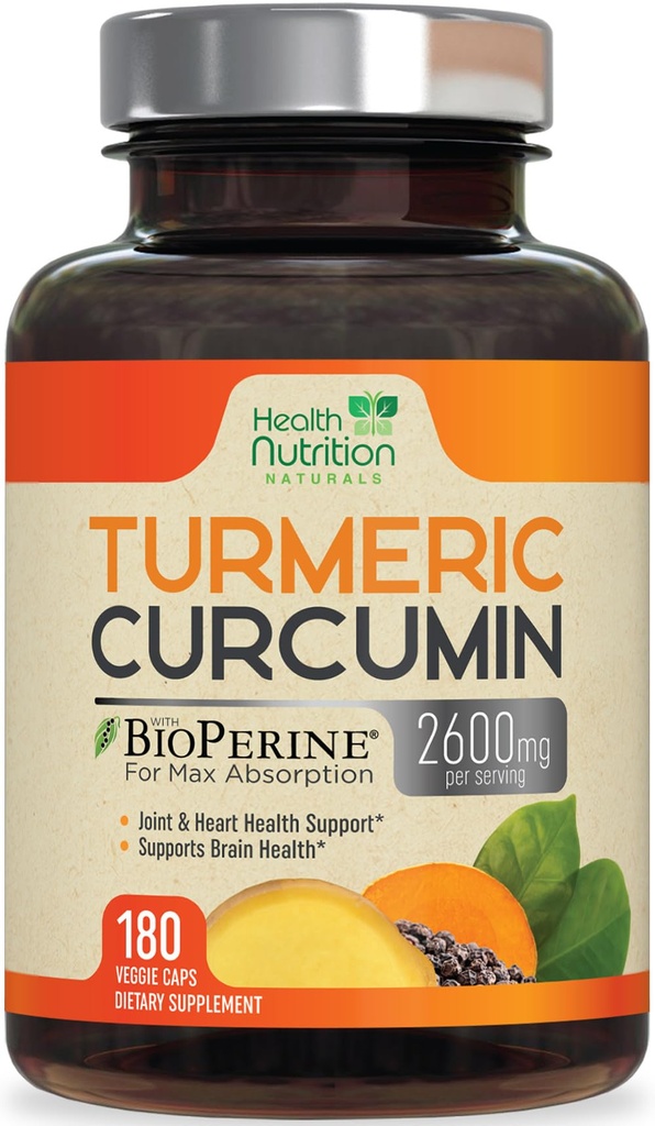 Curcumine curcumine supplément 2600mg - 95% Curcuminoïdes avec curcuma organique et poivre noir biopérine pour la meilleure absorption, support de joint végétalien de la nature, Tumérium non OGM, mis en bouteille aux États-Unis - 180 Capsules