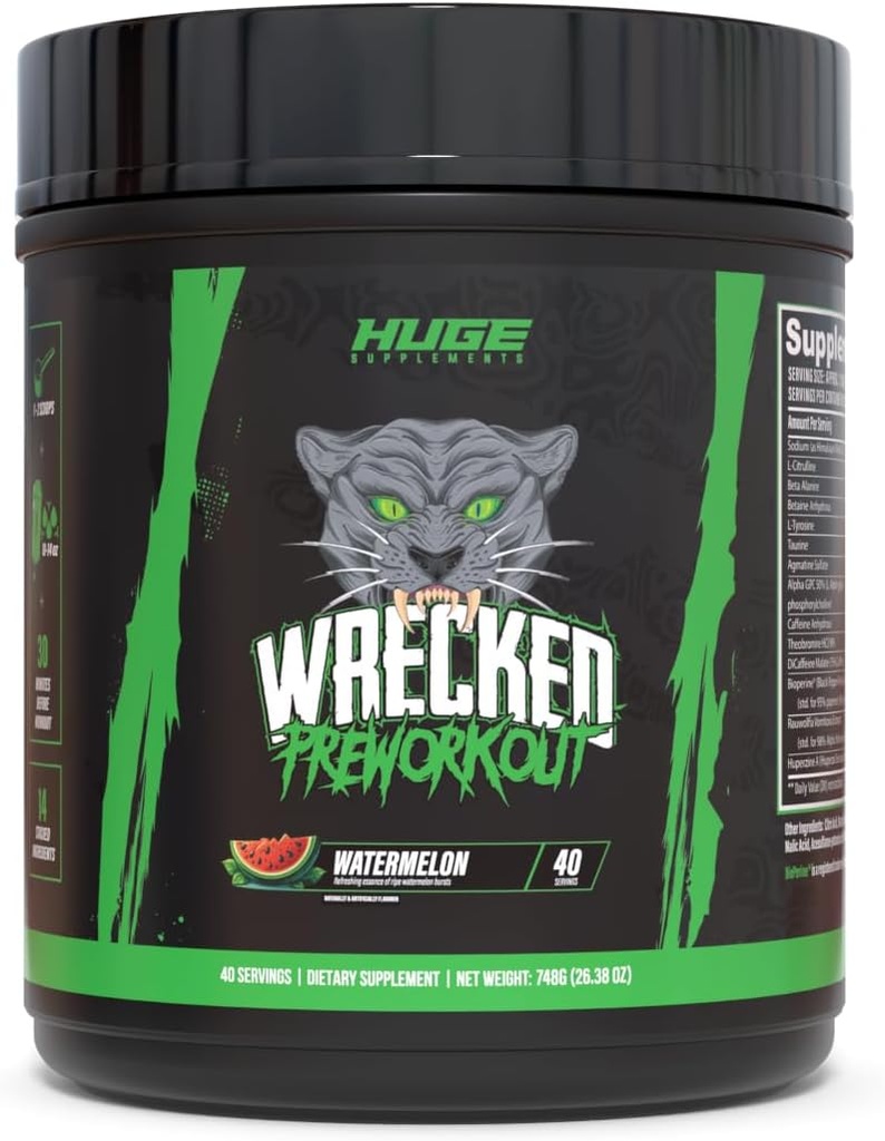 Wrecked Pre Workout Powder, Advanced Formula, Boosts Energy, Focus, Pumps & Performance, 10g L-Citrulline, 6.4g Beta Alanine, 5g Tyrosine, 1g Alpha GPC, 375mg Fast-Acting Caffeine & More (Watermelon)