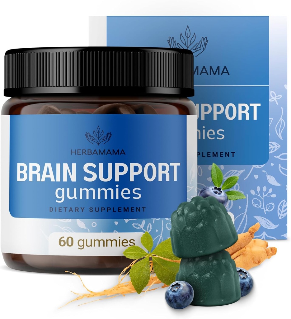 HERBAMAMA Gummies de soutien au cerveau – Suppléments de focalisation du cerveau pour les adultes atteints d'Ashwagandha, Bacopa Monnieri, Vitamine C & B12 – Gummes végétaliens, non-OGM calmants – 60 Pectines à base de bleuets aromatisés