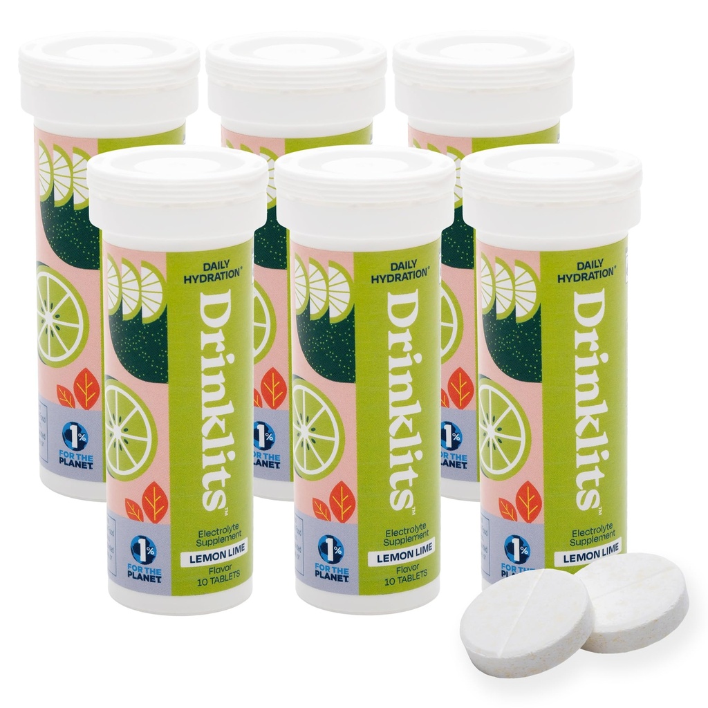 Drinklits Citron Lime Electrolyte Comprimés d'hydratation vertigineuse (6) Ensemble de tubes 0g Sucre - boisson sportive naturelle - électrolytes essentiels 60 portions - 10 comprimés par tube
