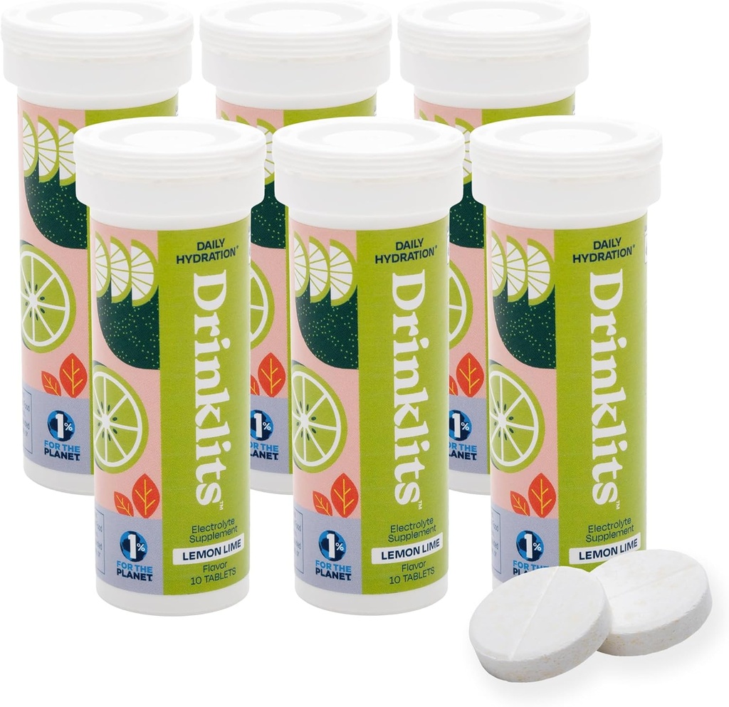Drinklits Citron Lime Electrolyte Comprimés d'hydratation vertigineuse (6) Ensemble de tubes 0g Sucre - boisson sportive naturelle - électrolytes essentiels 60 portions - 10 comprimés par tube