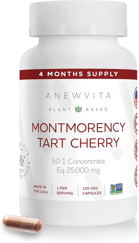 Montmorency Tart Cherry, Non OGM, Capsules - CherryPure 50:1 Concentrate eq. 25 000 mg - Antioxydants et flavonoïdes, Extrait de Tart Cherry pour gout et muscles - 120 Capsules de Veggie - 4 mois d'approvisionnement