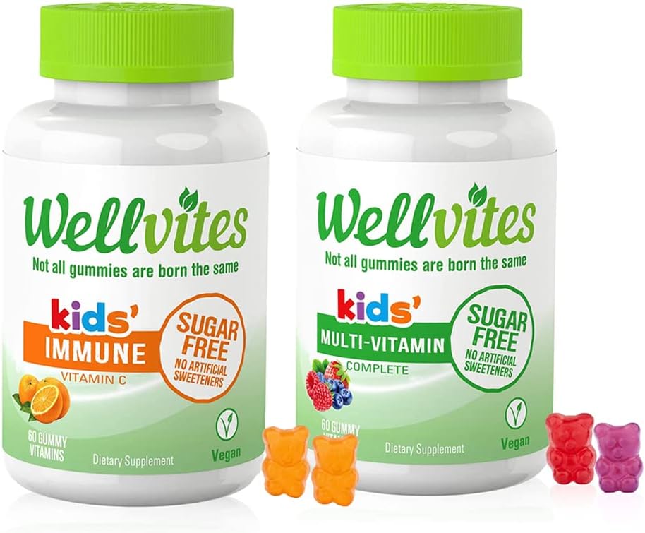Wellvites Kids Multivitamin & Immune Daily Gummies Bundle - Sans sucre, Vegan, Non-OGM – Vitamines pour les enfants – Vitamine C pour les enfants Immune Support - Pas d'édulcorants artificiels – 60 Compte
