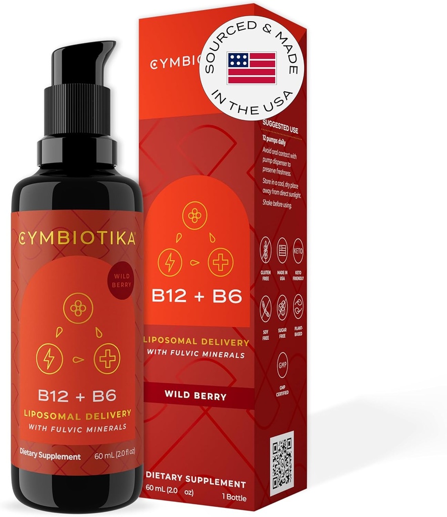 CYMBIOTIKA Liposomique vitamine B12 supplément liquide, 1250 mcg, soutient l'énergie, la production de cellules, aide à renforcer les cheveux, la peau et les ongles, non-OGM, sans gluten, sans sucre, kéto et végétalien amical, 2 onz