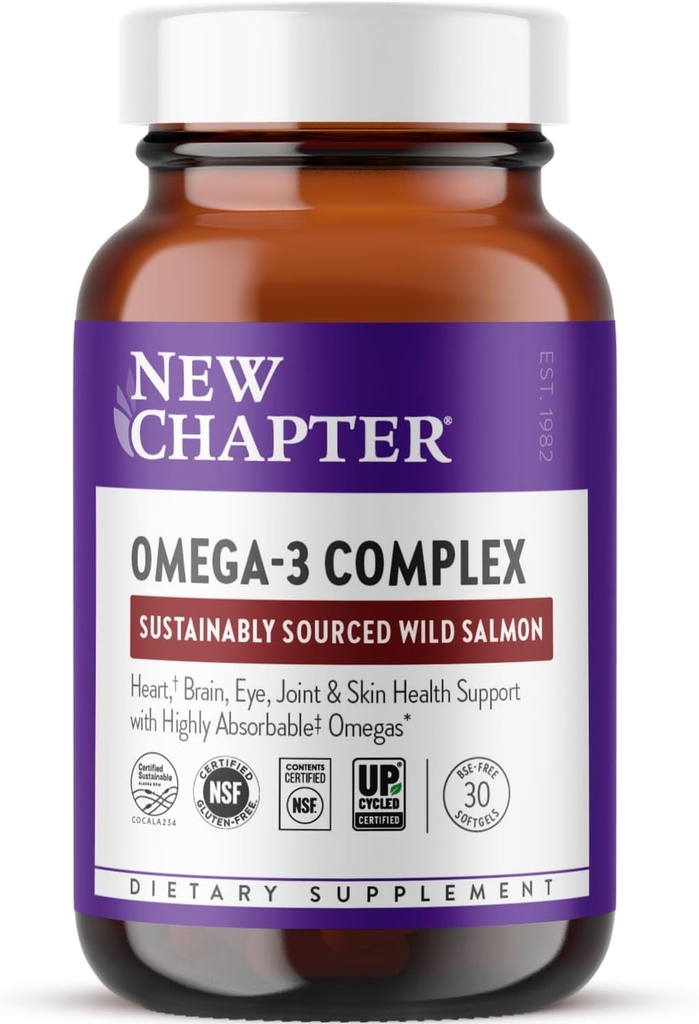 Nouveau chapitre Omega-3 Complex, 1000mg Softgels, supplément huile de poisson Saumon sauvage d'Alaska pour le cœur, le cerveau, les yeux, les articulations et la peau soutien de santé - 30 Compte