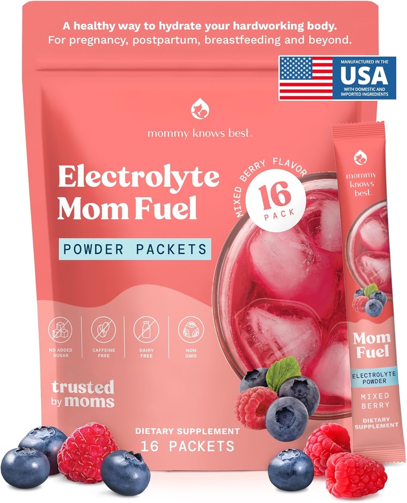 Mommy Knows Best Mom Fuel Electrolyte Drink Mix for Moms, Hydration Support - for Pregnancy, Prenatal, Electrolytes + Trace Minerals, Lactation Drink Mix Supplement (16 Count)