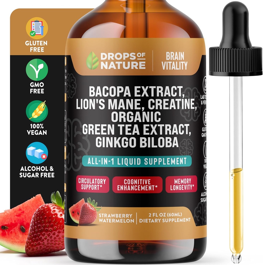 Creatine & Bacopa Liquid Drops avec Mane, Green Tea & Ginkgo Biloba - Mélange d'absorption plus rapide que les gommes et les pilules - Supplément végétalien pour la focale et la cognition améliorées (Melon d'eau fraise, 60mL)