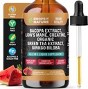Creatine & Bacopa Liquid Drops avec Mane, Green Tea & Ginkgo Biloba - Mélange d'absorption plus rapide que les gommes et les pilules - Supplément végétalien pour la focale et la cognition améliorées (Melon d'eau fraise, 60mL)