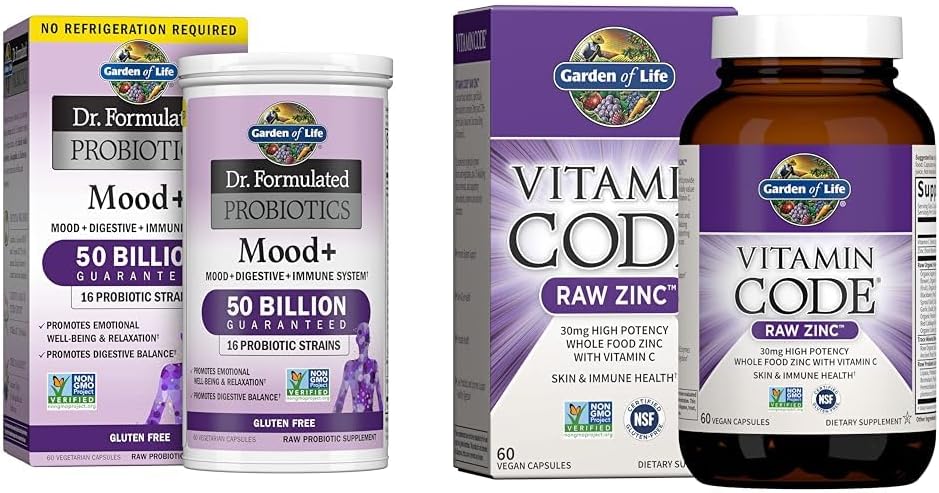 Garden of Life Dr. Formulated Probiotics Mood+ Acidophilus Probiotic Supplement & Zinc Supplements 30mg High Potency Raw Zinc and Vitamin C Multimineral Supplement