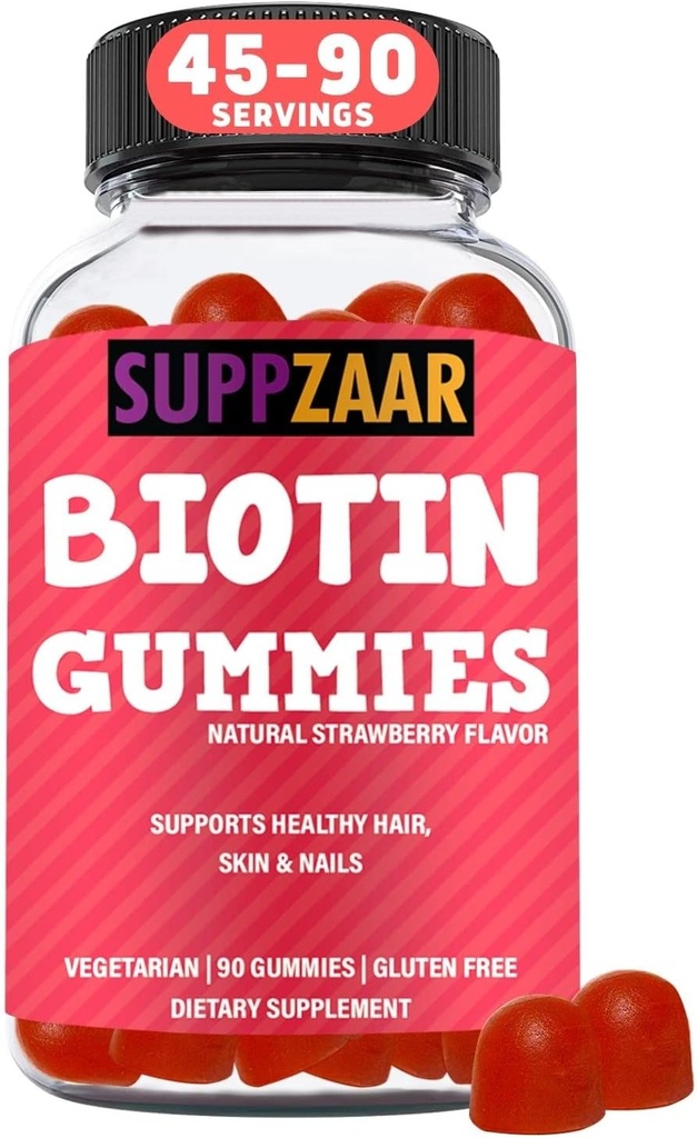 Gommies de biotine végétalienne - Vitamines pour la croissance des cheveux pour les femmes et les hommes - Vitamines pour la peau et les ongles des cheveux - Vitamines Gummy à saveur de fraise - Sans OGM, sans gélatine et sans gluten, 90 Gommies - SUPPZAAR