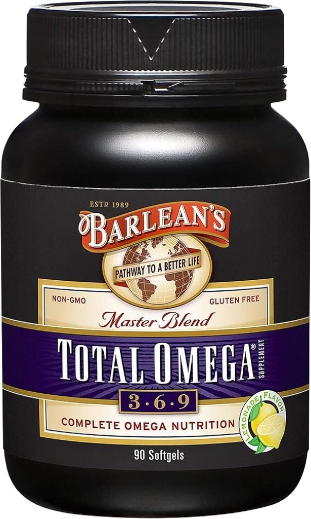 Barlean's Total Omega 3 6 9 Softgels, supplément d'huile de poisson mélangée avec l'huile de bore et de lin, 1 000 mg Omegas ALA, EPA, DHA et GLA pour les suppléments de soutien conjoints et la santé cardiaque, 90 Compte