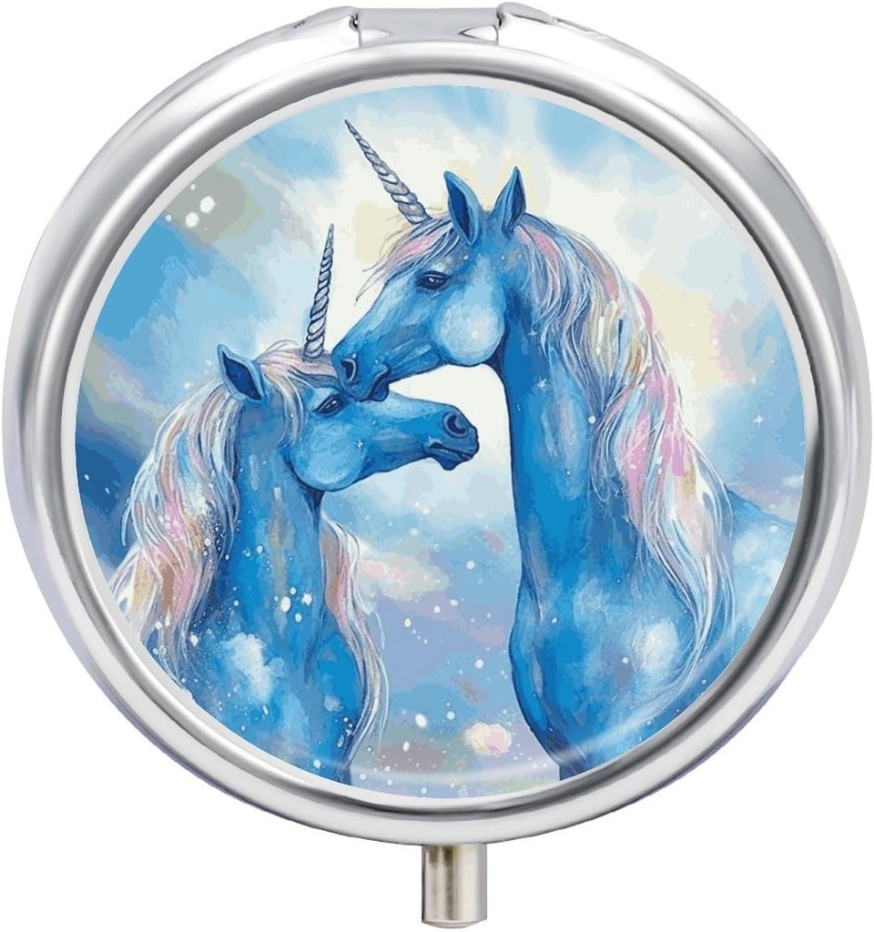 Rond Pill Case 3 Compartiment Blue Horse Love Pill Box Mini Medicine Pill Organizer Portable Travel Pillbox for Pocket Purse Metal Pill Container for Vitamines Fish Oil Suppléments