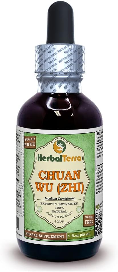Chuan Wu (Zhi) (Aconitum carmichaelii) Glycérite, racines séchées préparées Extrait liquide sans alcool (marque: HerbalTerra, fièrement fabriqué aux États-Unis) 2 fl.oz (60 ml)