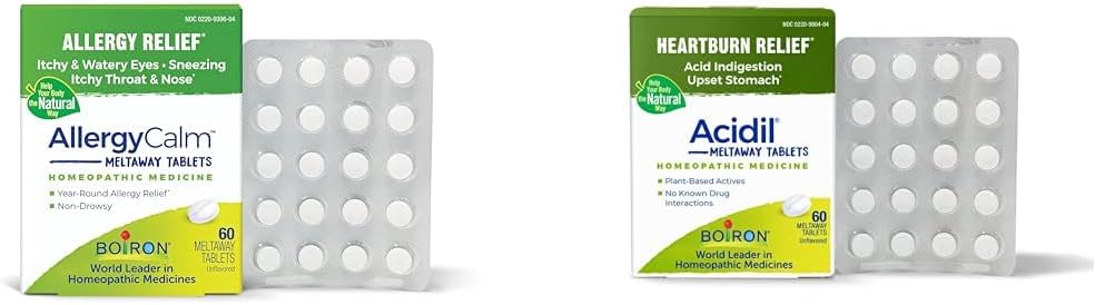 Boiron Ensemble de soulagement de l'allergie et du reflux acide avec comprimés d'allergieCalme (compte 60) et acide pour le reflux acide et l'indigestion (compte 60)