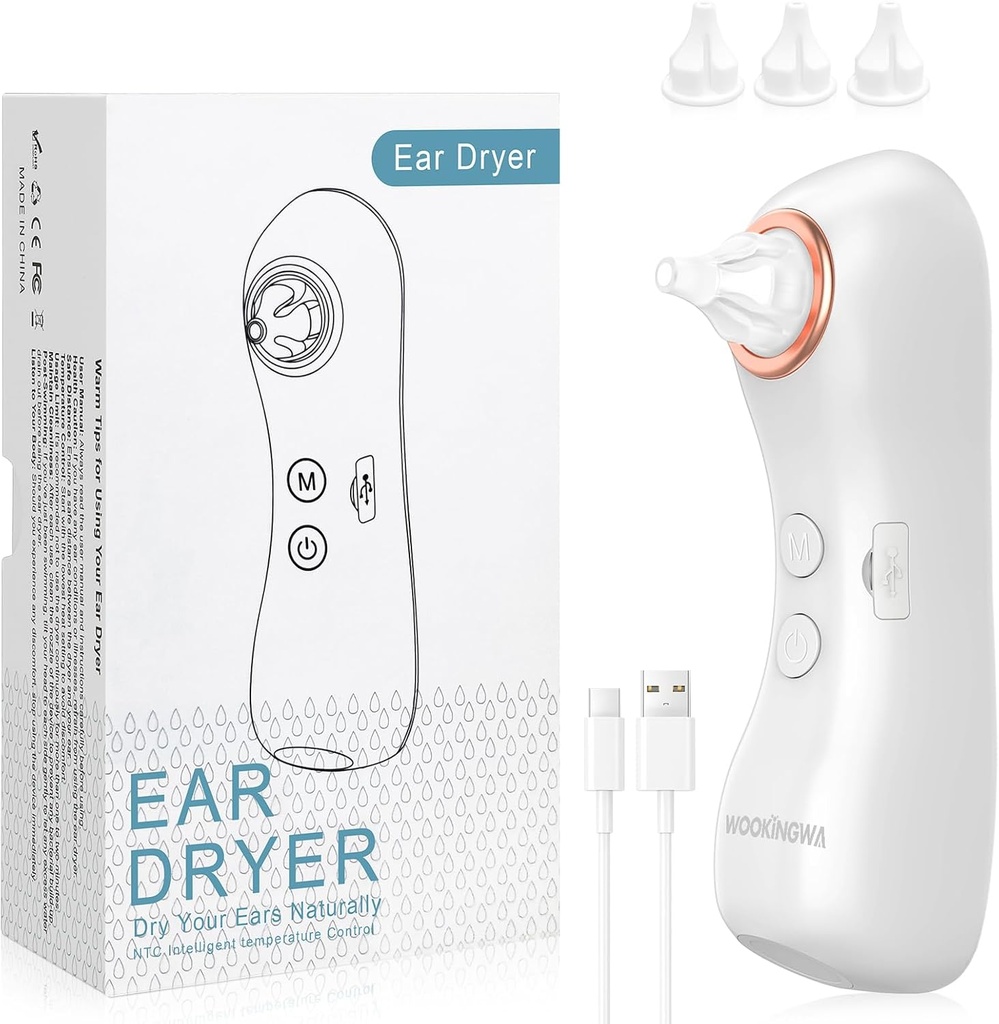 Séchoir à oreille, Détachant d'eau d'oreille rechargeable avec lumière, Dispositif électronique de séchage de l'oreille chaude pour la natation, douche, surf, plongée, utilisation d'aide auditive (Sèche-oreille avec 3 conseils)